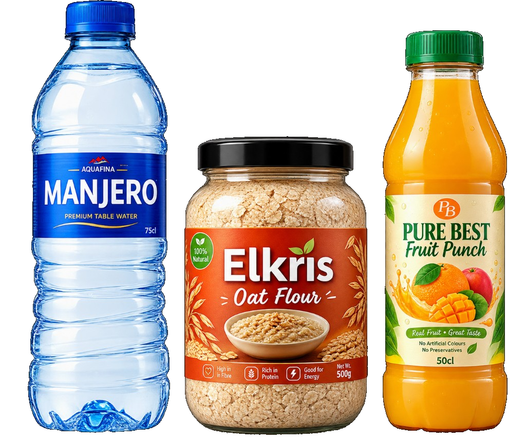 Manjero Water, Elkris Oat Flour and Pure Best Fruit Punch